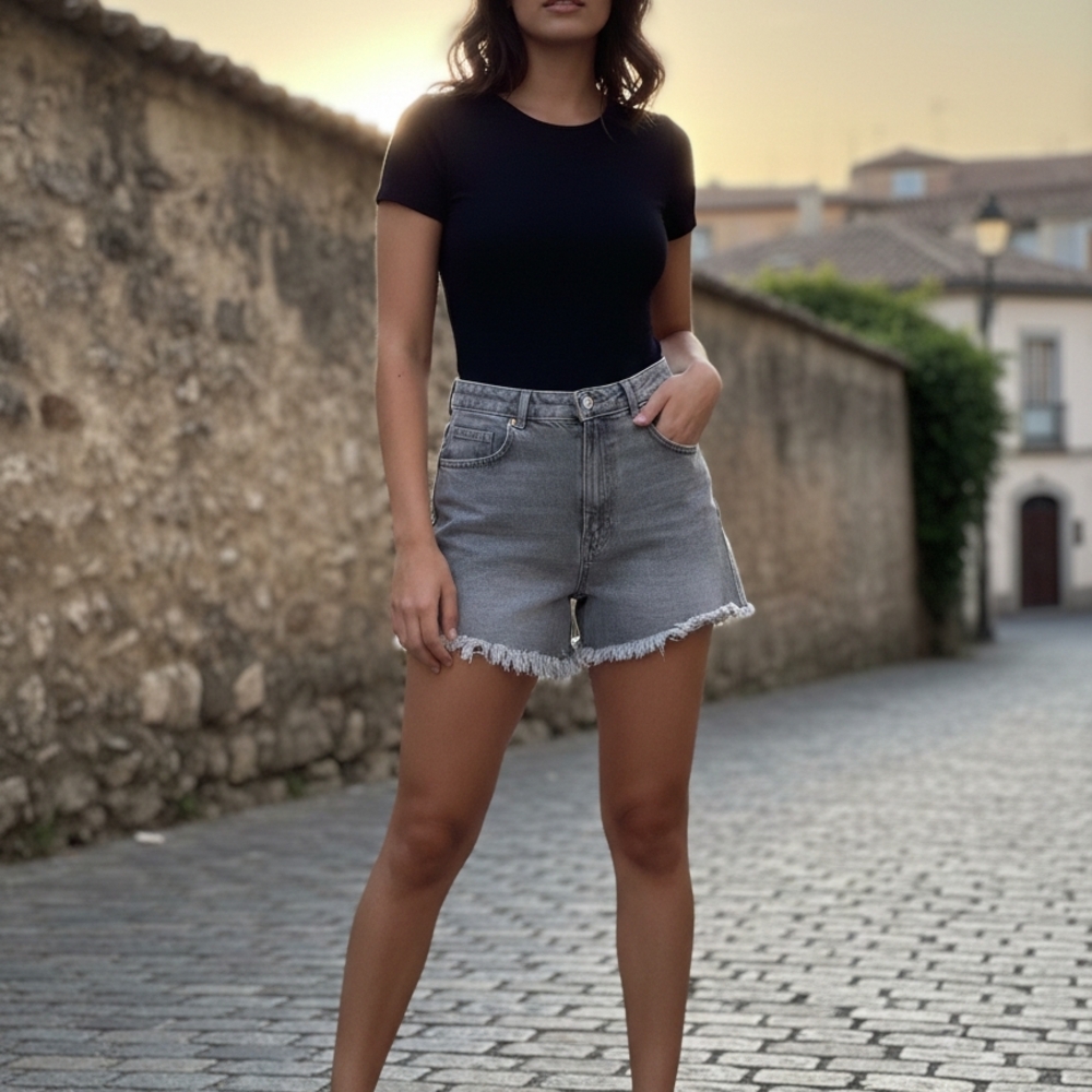 Divided Gray Jean Shorts with Frayed Hem